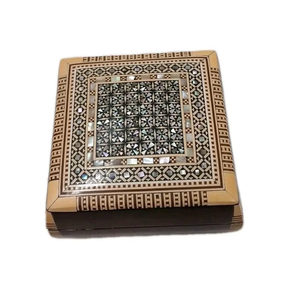 Exotic Egyptian Hand Inlaid Mother Pearl Jewelry Wood Box 3.5' Gift Storage Box